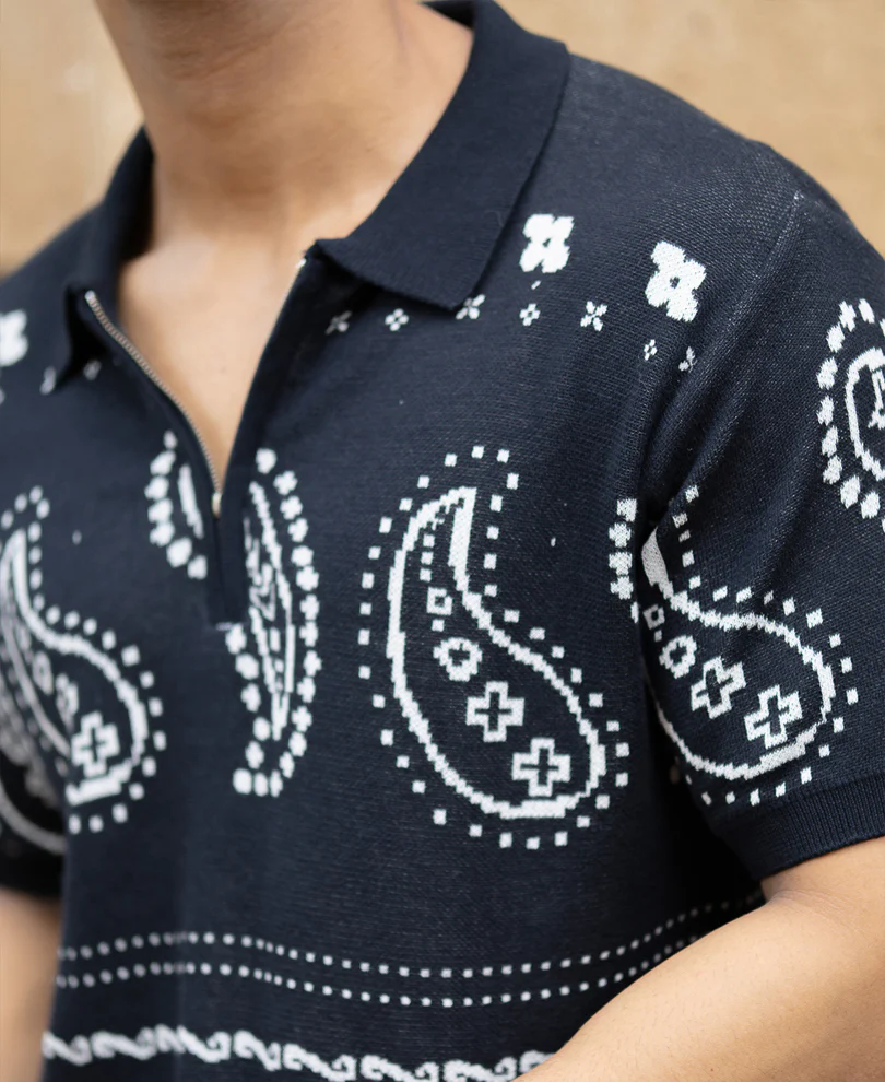 Navy Paisley Jacquard Knit T-Shirt 100% Cotton - Image 3
