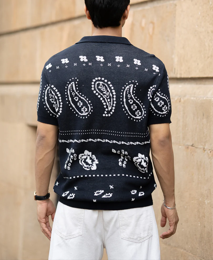 Navy Paisley Jacquard Knit T-Shirt 100% Cotton - Image 5