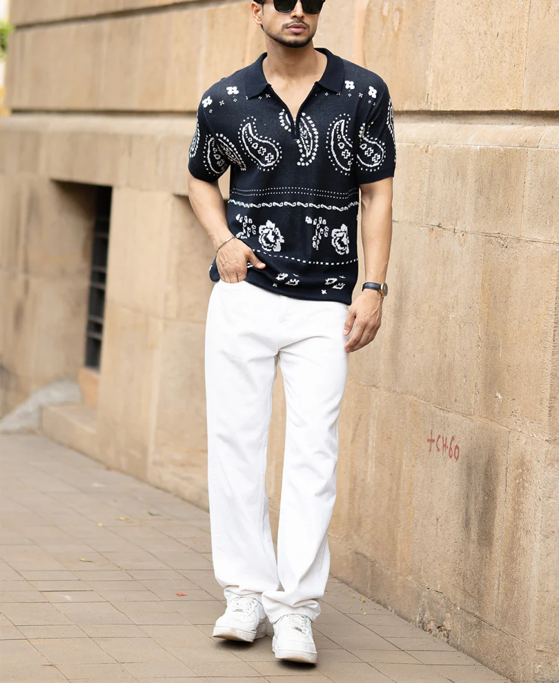 Navy Paisley Jacquard Knit T-Shirt 100% Cotton - Image 6