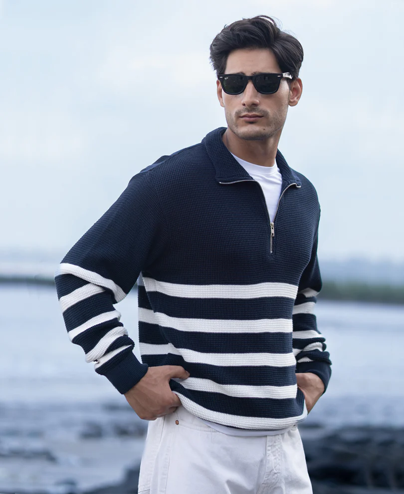 Navy Striped Zipper Neck T-Shirt 100% Cotton - Image 3