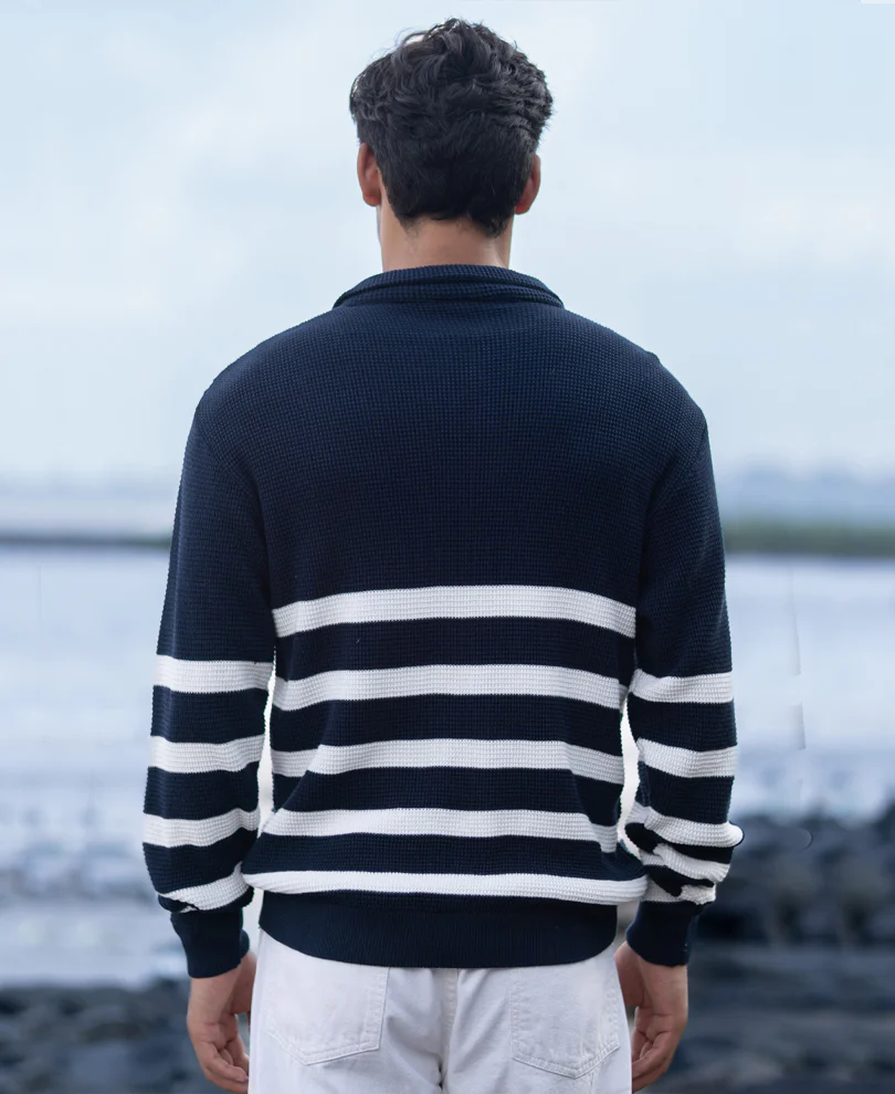 Navy Striped Zipper Neck T-Shirt 100% Cotton - Image 4