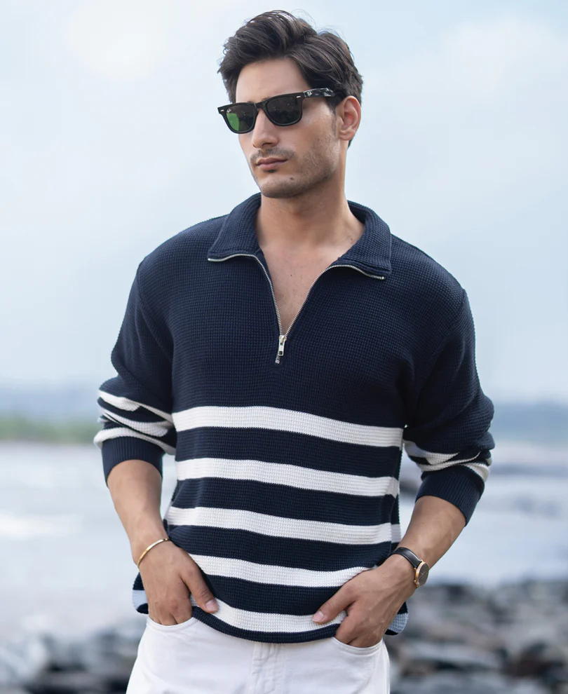 Navy Striped Zipper Neck T-Shirt 100% Cotton - Image 5