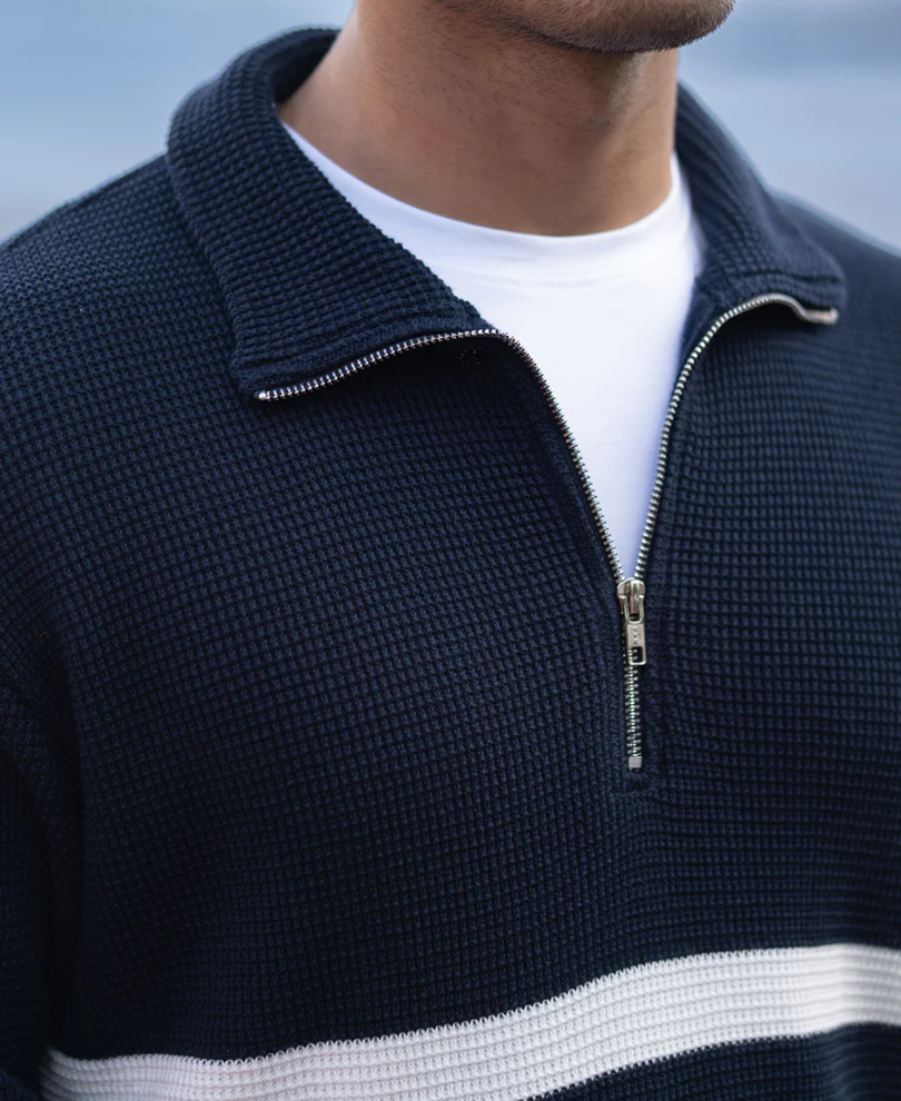 Navy Striped Zipper Neck T-Shirt 100% Cotton - Image 6
