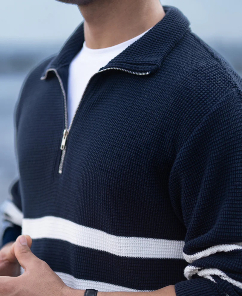 Navy Striped Zipper Neck T-Shirt 100% Cotton - Image 7
