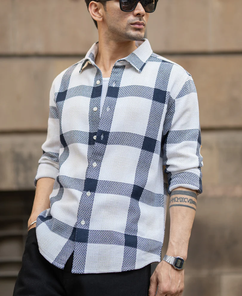 Navy Structure Checked Shirt - Image 2