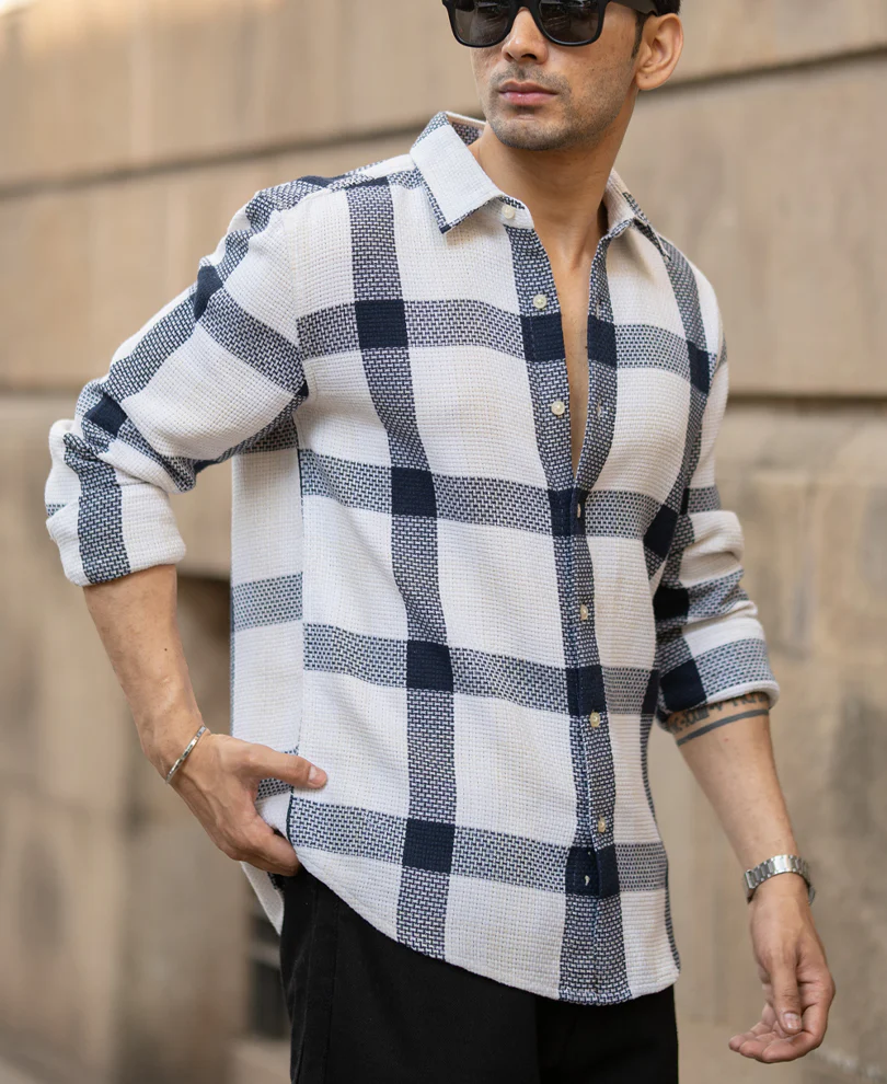 Navy Structure Checked Shirt - Image 3