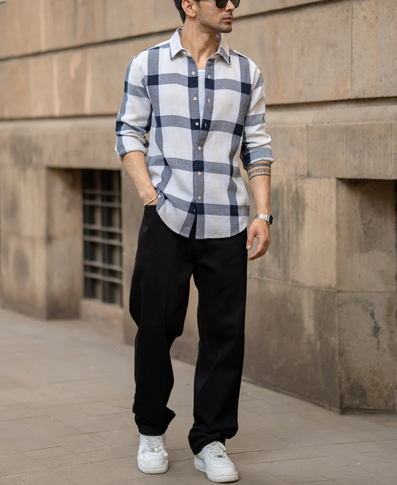Navy Structure Checked Shirt - Image 7