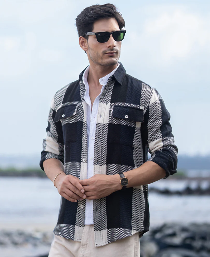 Navy Structured Checked Shirt - Image 3