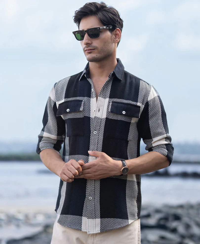 Navy Structured Checked Shirt - Image 4