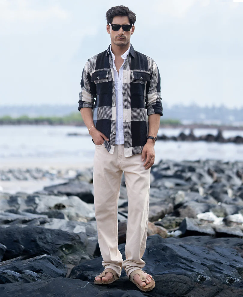 Navy Structured Checked Shirt - Image 6