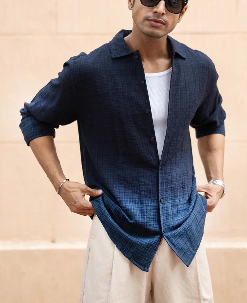Navy Structured Ombre Shirt 100% Cotton - Image 2