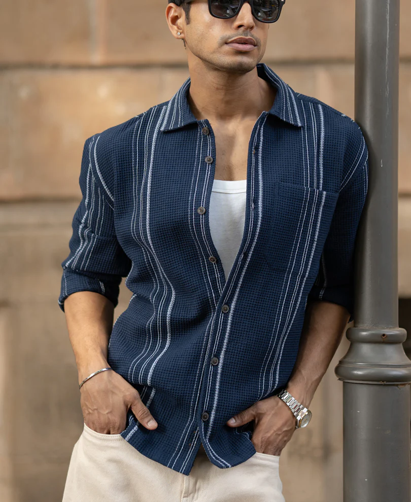Navy Structured Striped Shirt 100% Cotton - Image 2