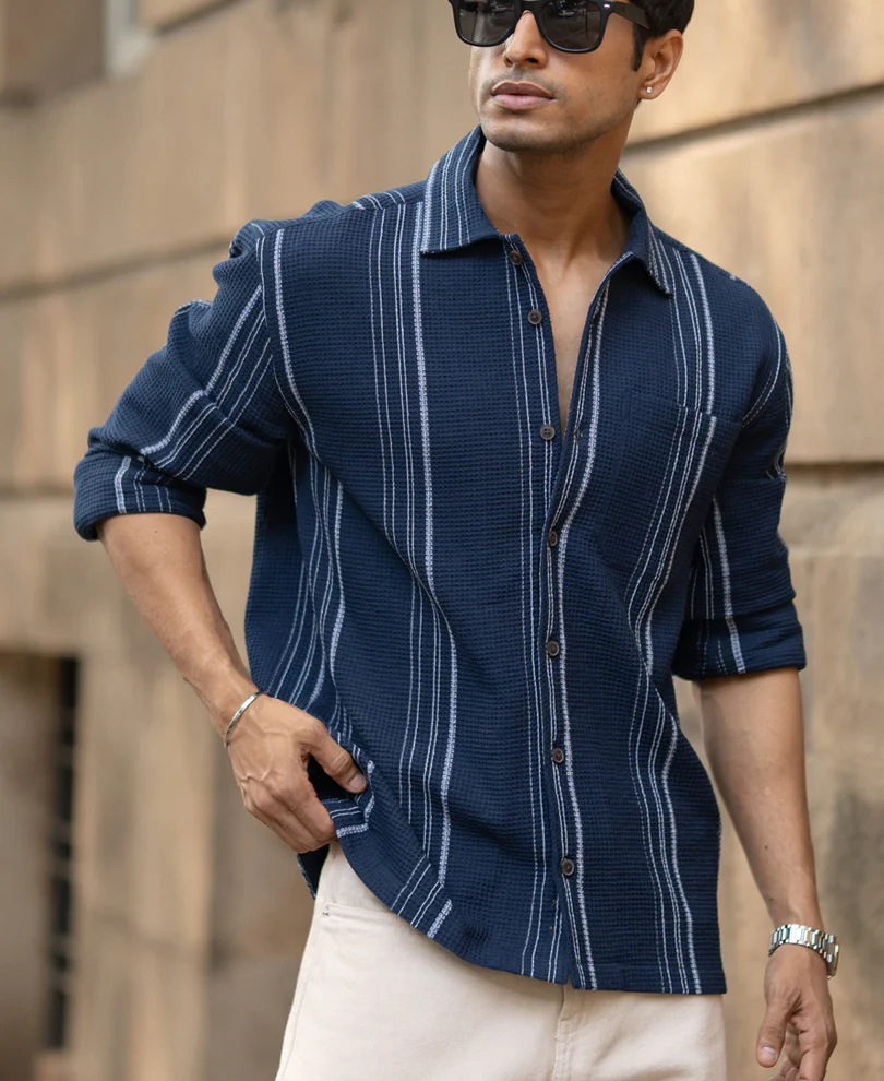 Navy Structured Striped Shirt 100% Cotton - Image 3
