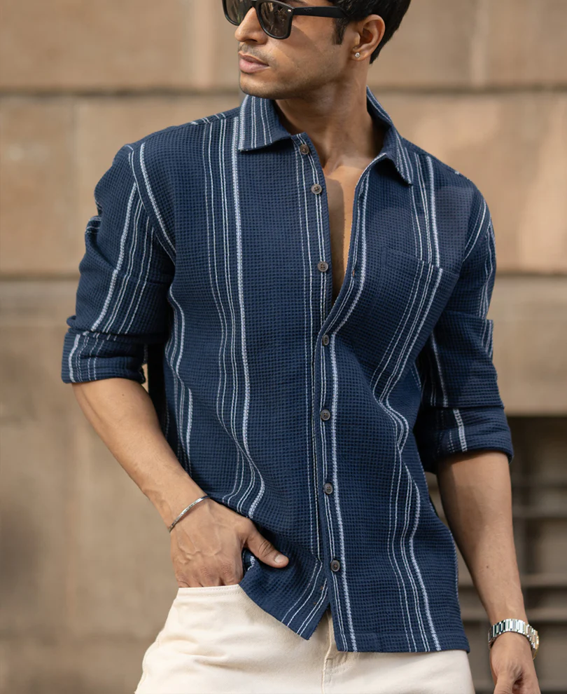 Navy Structured Striped Shirt 100% Cotton - Image 4
