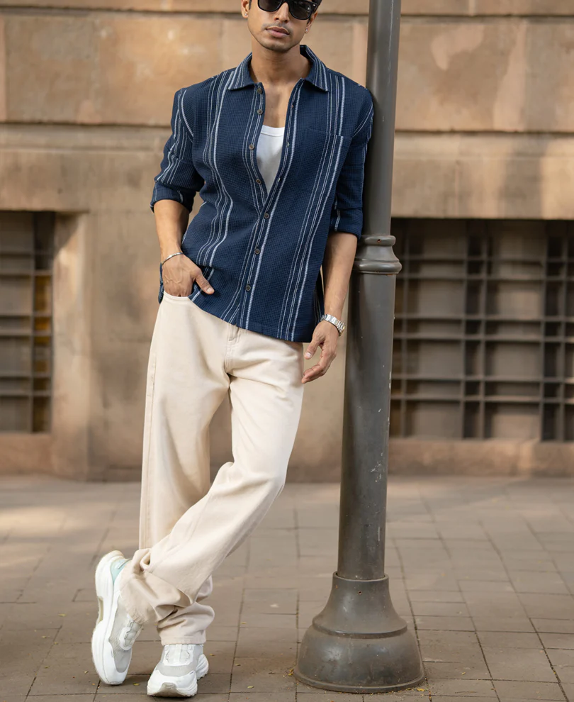 Navy Structured Striped Shirt 100% Cotton - Image 7