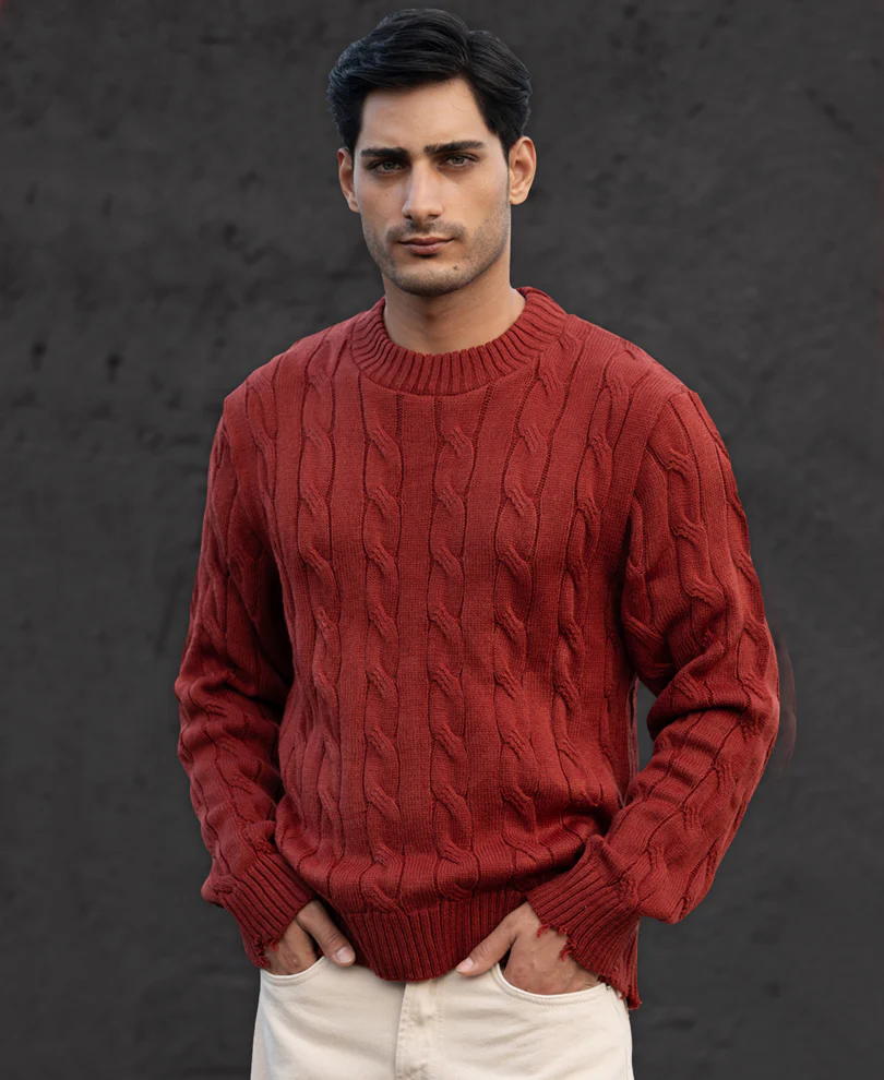 Ochre Distressed Cable Knit T-Shirt - Image 3