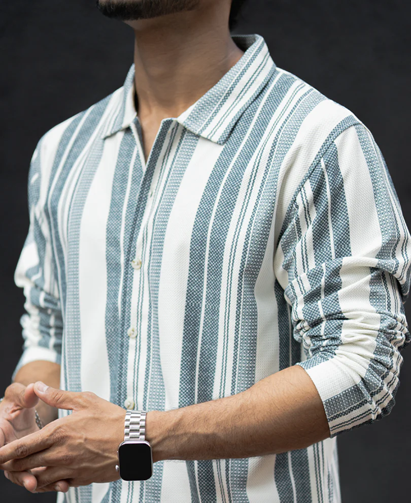 Off White And Blue Striped Regular Fit Full Sleeves Shirt - Image 4