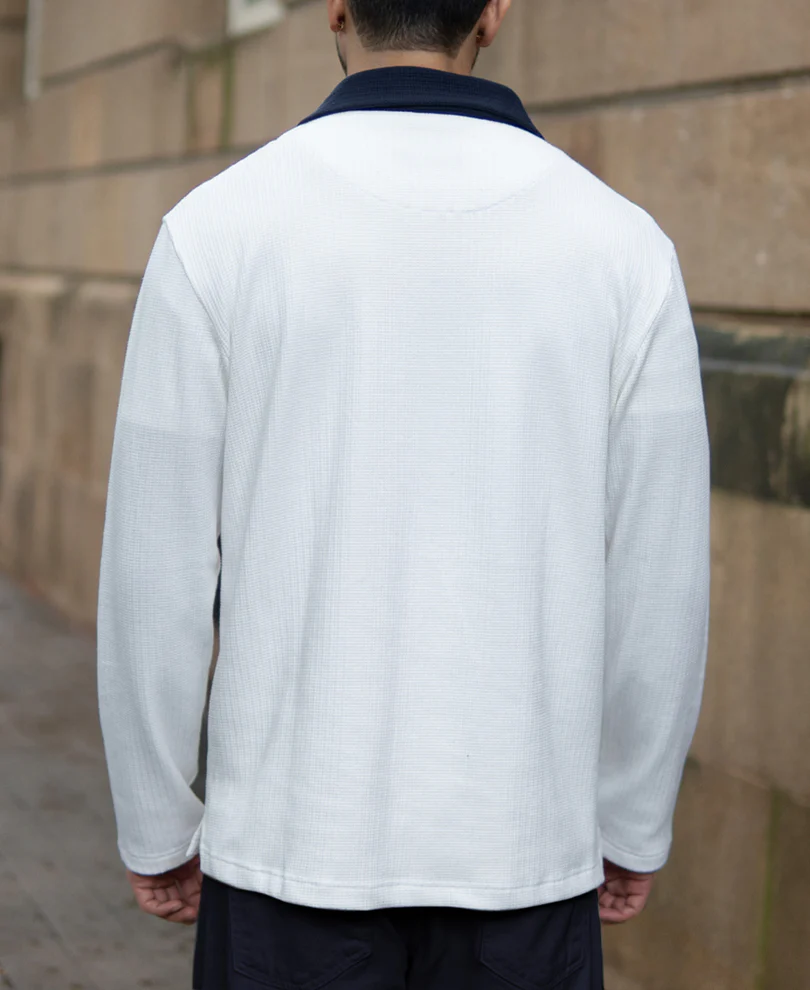 Off White Contrast Collar Zipper T-Shirt - Image 5