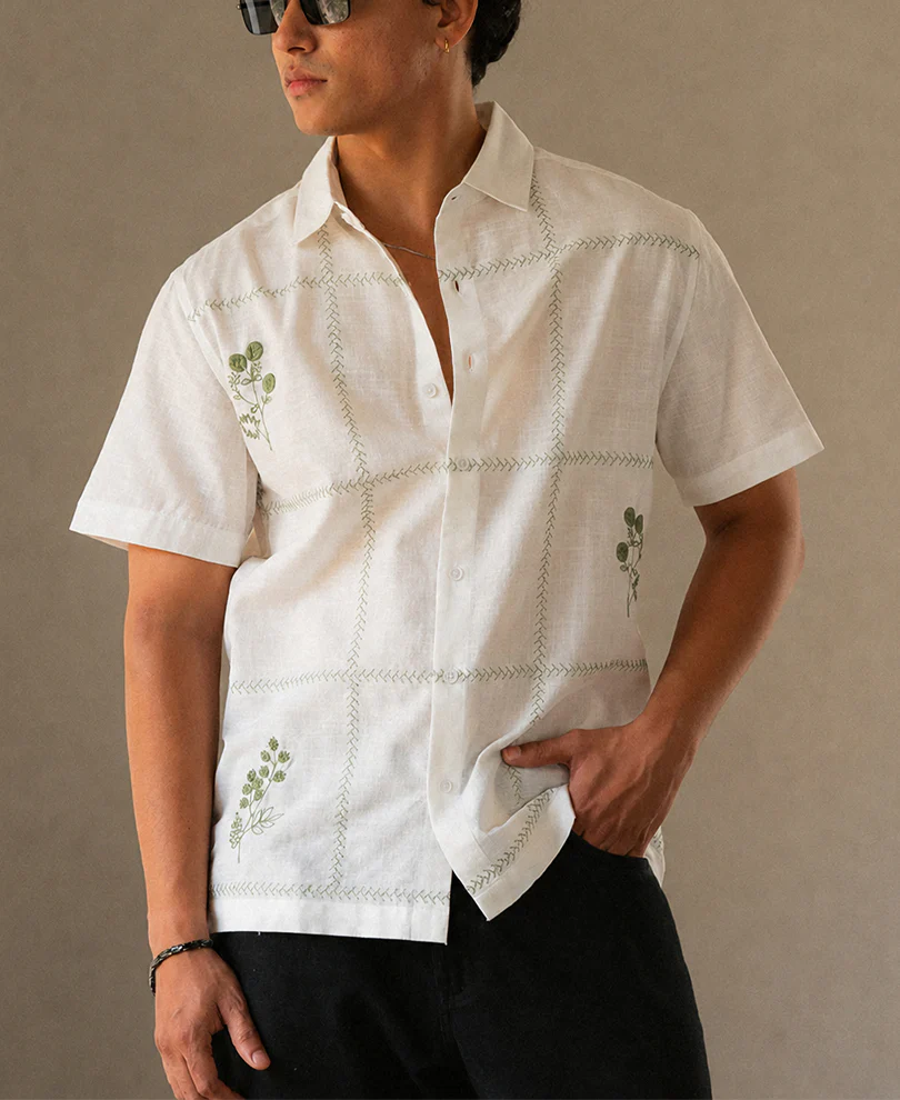 Off-White Floral Embroidery Shirt 100% Cotton - Image 2