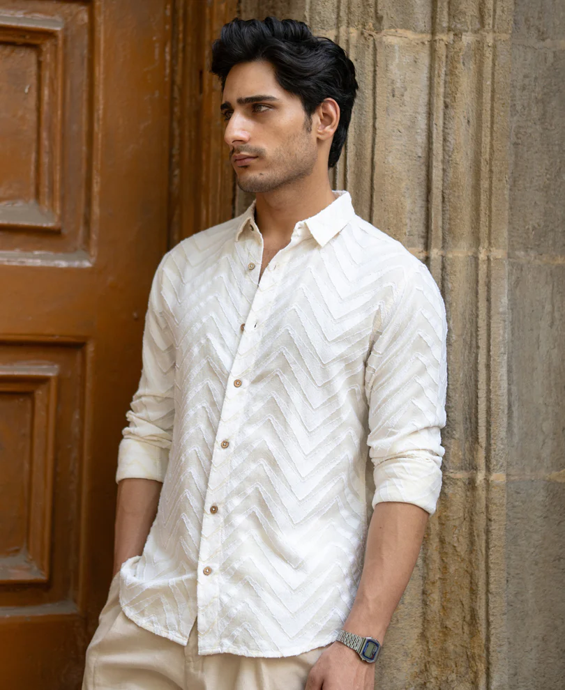 Off White Jacquard Shirt 100% Cotton - Image 2