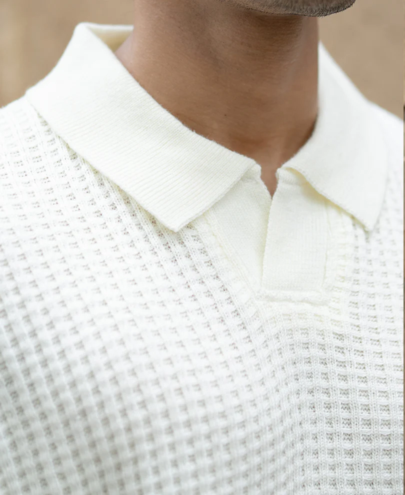 Off White Knit Polo Neck T-Shirt - Image 2