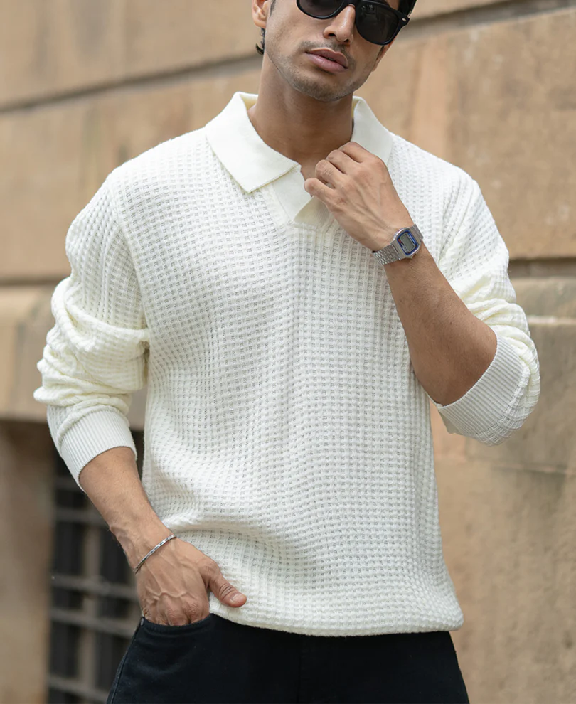 Off White Knit Polo Neck T-Shirt - Image 3