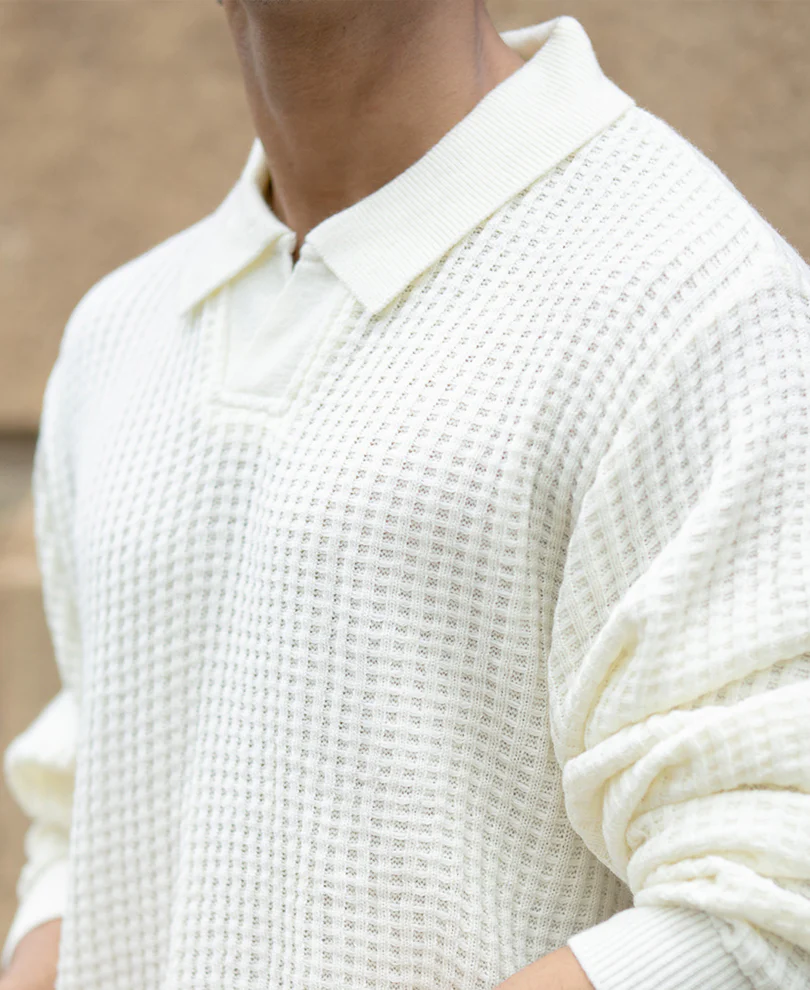 Off White Knit Polo Neck T-Shirt - Image 4