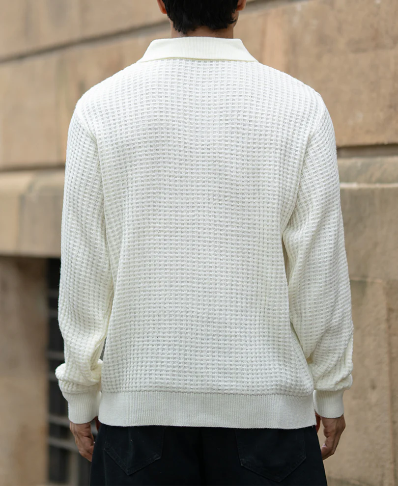Off White Knit Polo Neck T-Shirt - Image 5