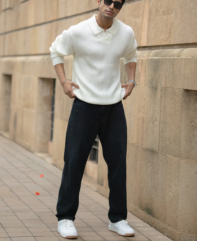 Off White Knit Polo Neck T-Shirt - Image 6