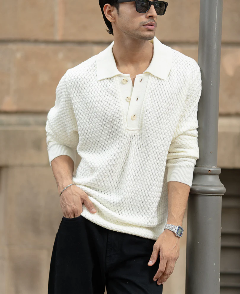 Off White Knit Polo T-Shirt 100% Cotton - Image 3