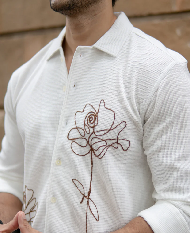 Off White Knitted Embroidery Shirt - Image 4