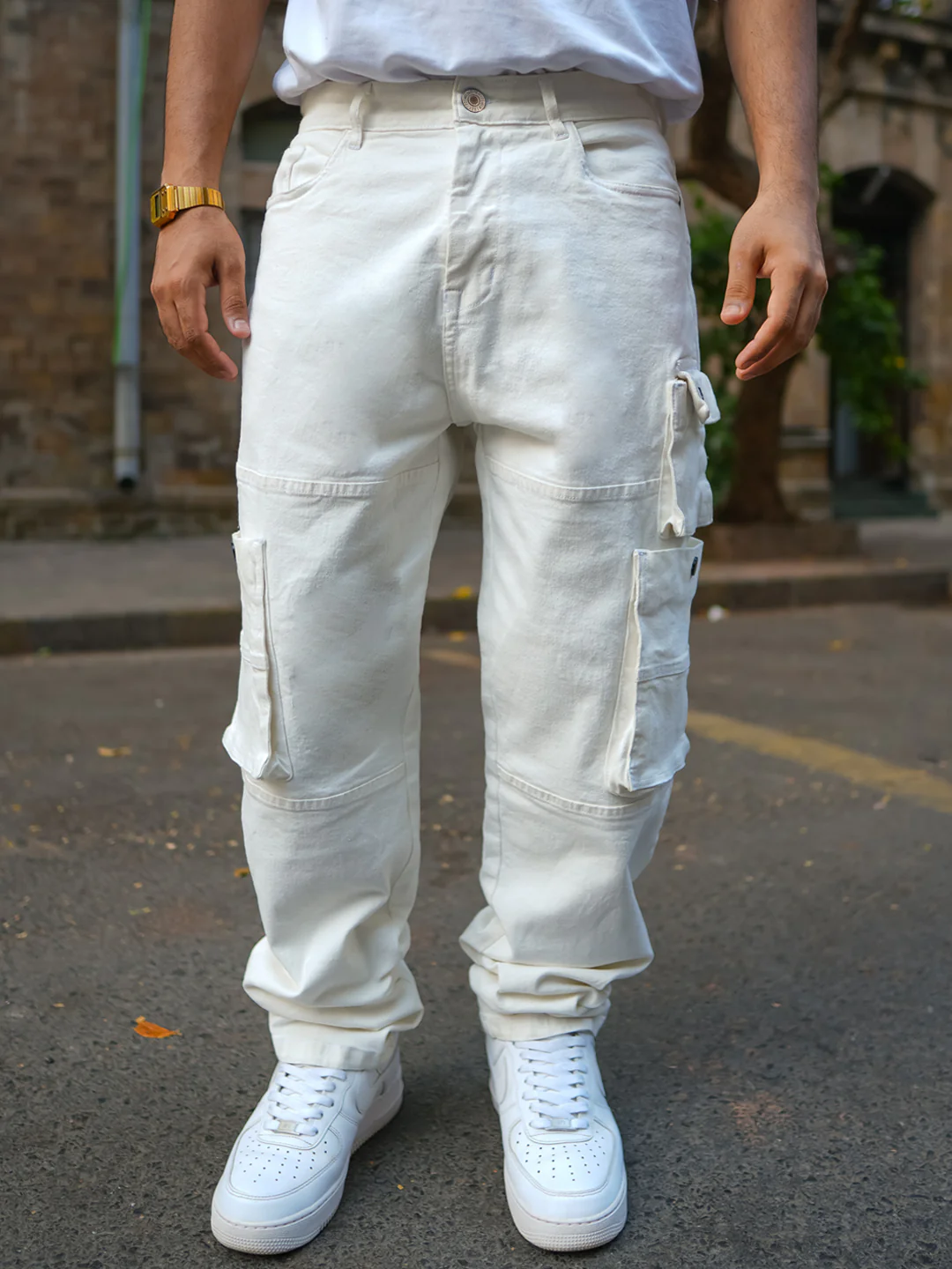 Off White Patch Pockets Denim Jeans 100% Cotton - Image 2