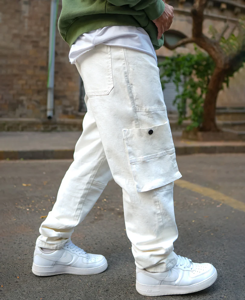 Off White Patch Pockets Denim Jeans 100% Cotton - Image 3