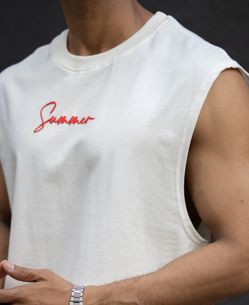 Off White Slogan Print Vest 100% Cotton - Image 3