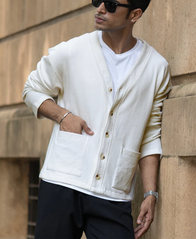 Off White Structured Knit Cardigan - Image 3