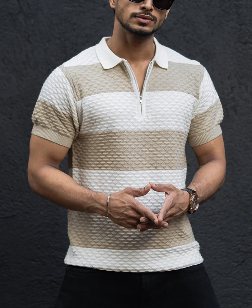 Off White Structured Striped Regular Half Sleeves T Shirt 100% Cotton - Image 3