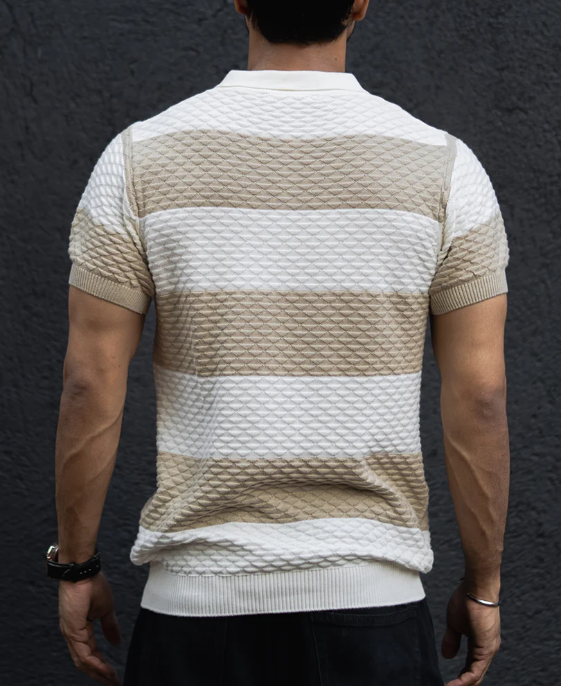 Off White Structured Striped Regular Half Sleeves T Shirt 100% Cotton - Image 4