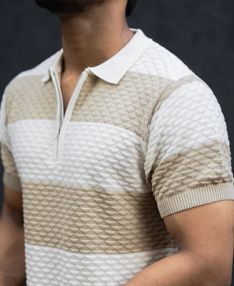 Off White Structured Striped Regular Half Sleeves T Shirt 100% Cotton - Image 5