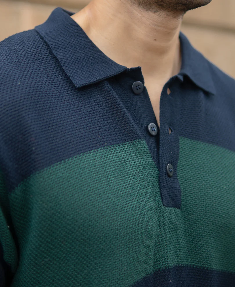 Olive And Navy Knitted Stripe T-Shirt 100% Cotton - Image 3