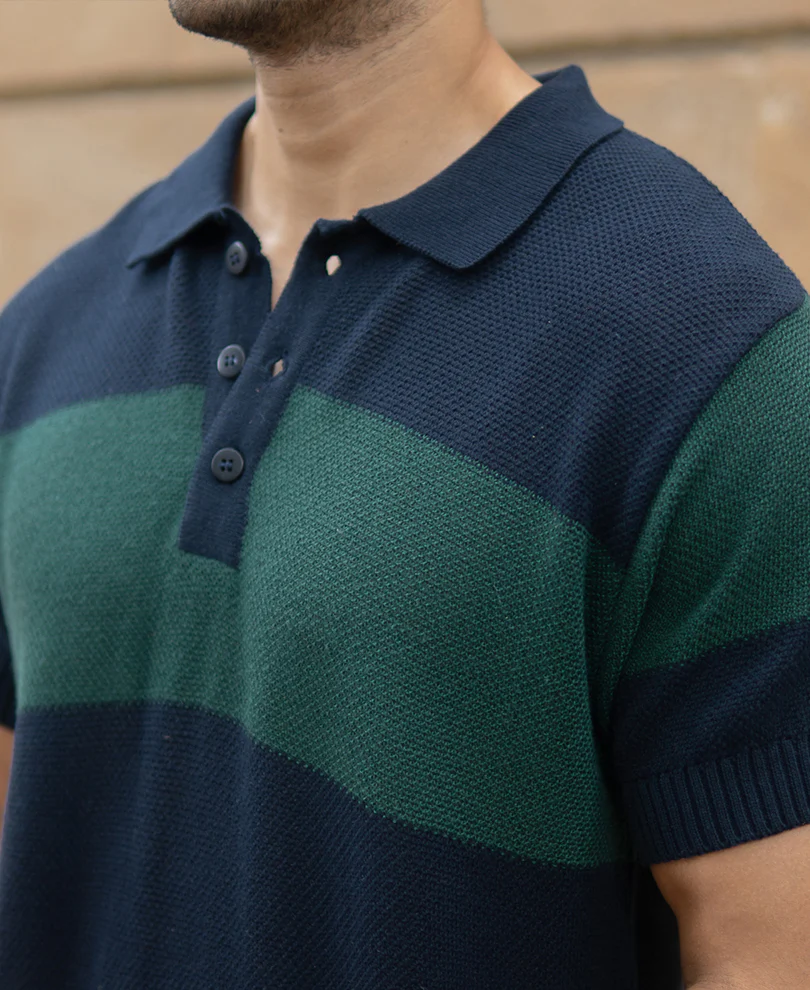 Olive And Navy Knitted Stripe T-Shirt 100% Cotton - Image 4