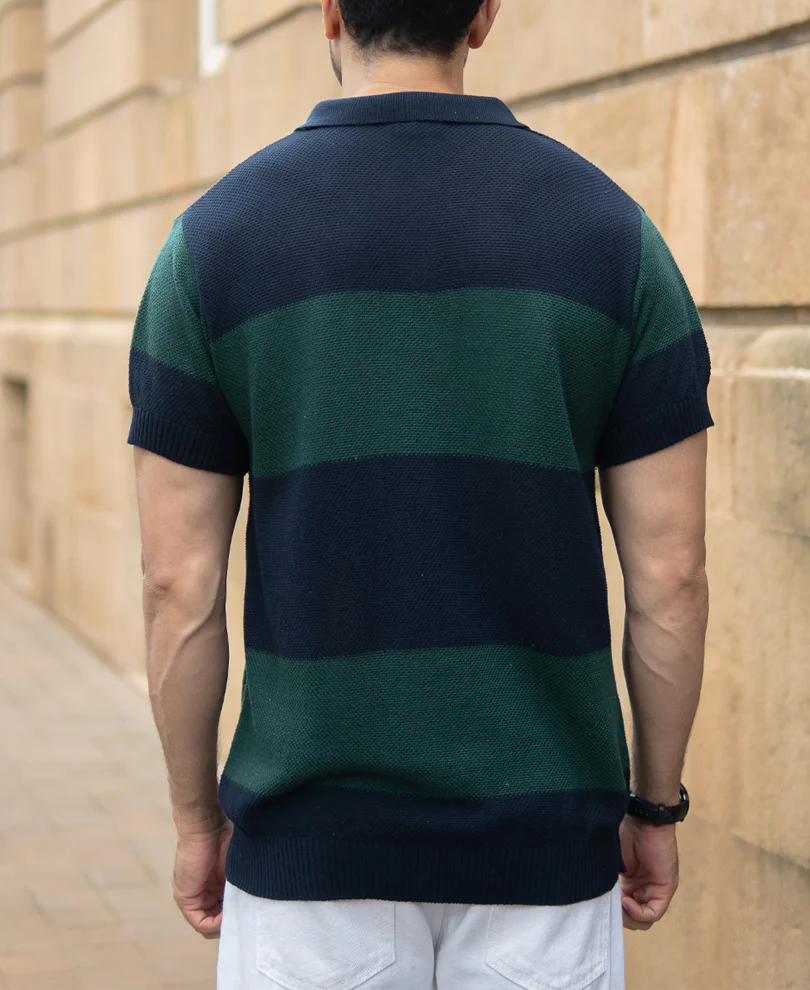 Olive And Navy Knitted Stripe T-Shirt 100% Cotton - Image 5