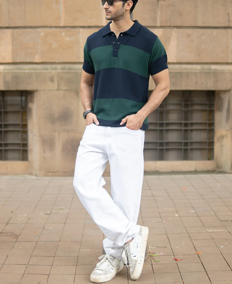 Olive And Navy Knitted Stripe T-Shirt 100% Cotton - Image 6
