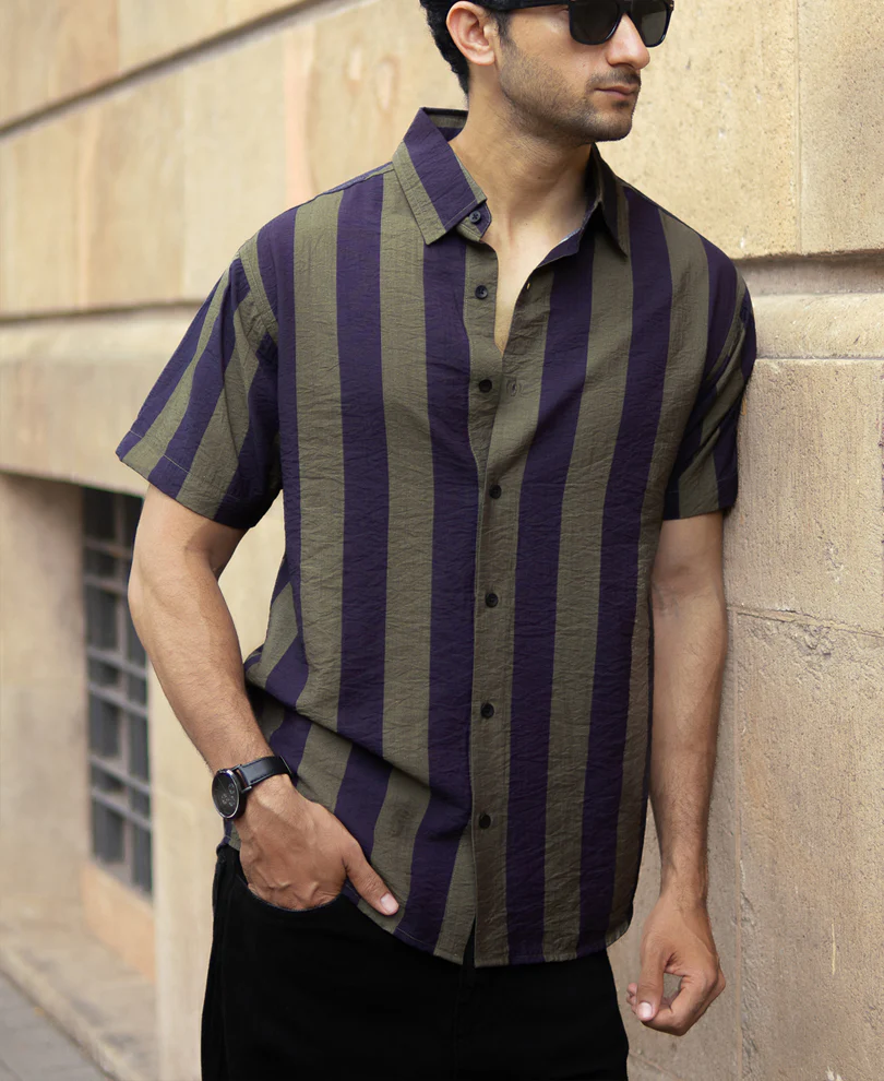 Olive And Navy Lightweight Stripe Shirt - Image 2