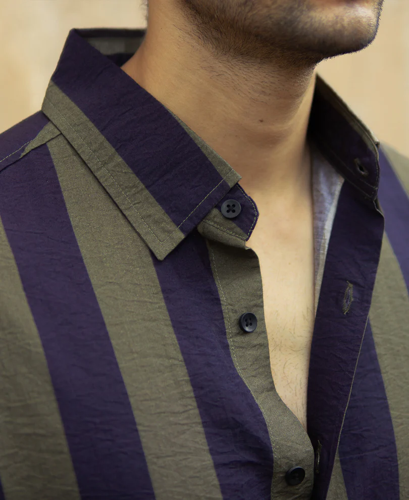 Olive And Navy Lightweight Stripe Shirt - Image 3