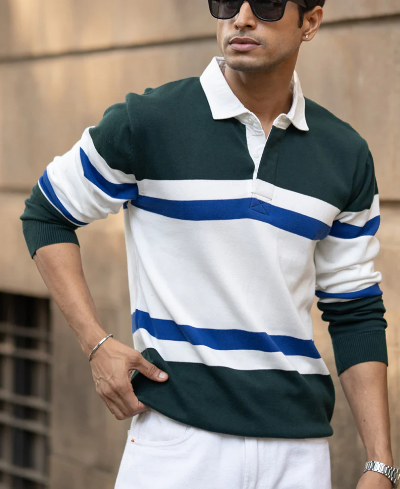 Olive And White Stripe Polo T-Shirt 100% Cotton - Image 2