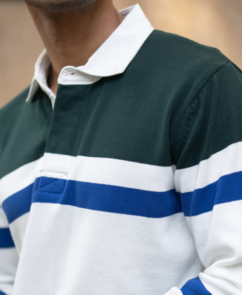 Olive And White Stripe Polo T-Shirt 100% Cotton - Image 4