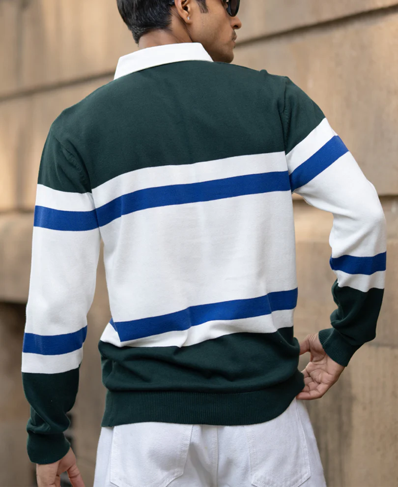 Olive And White Stripe Polo T-Shirt 100% Cotton - Image 5