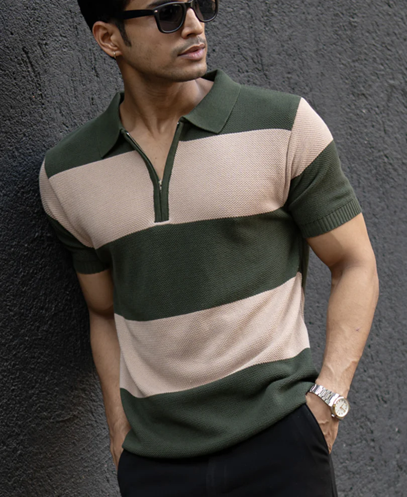 Olive & Beige Knit Stripe T-Shirt 100% Cotton - Image 2