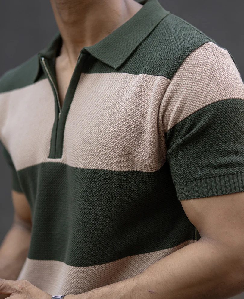 Olive & Beige Knit Stripe T-Shirt 100% Cotton - Image 3