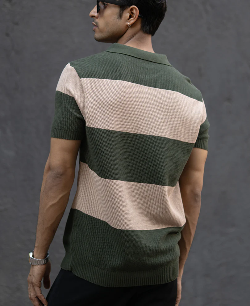Olive & Beige Knit Stripe T-Shirt 100% Cotton - Image 5
